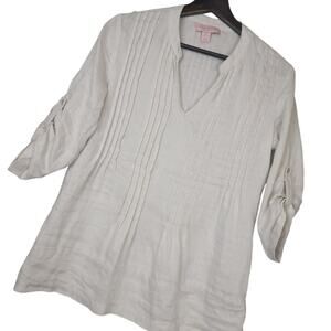 Saint Tropez West Women's 100% Linen Tunic Top Sz Small Lightweight Boho White